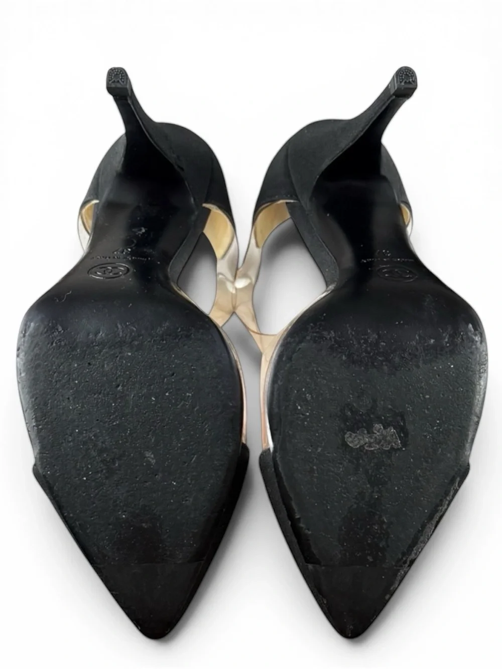 Chanel Black Fabric & Clear PVC Pointed-Toe Heels – Size 37.5
